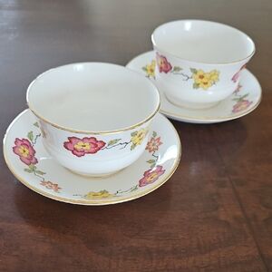 Floral Teacup and Saucer Set - White with Pink and Yellow Flowers